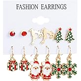 RLHRNDE 6 Pairs Merry Christmas Earring Set for Women Cute Christmas Tree Snowflake Santa Claus Reindeer Earrings Jewelry Gift for Xmas Party Decorations