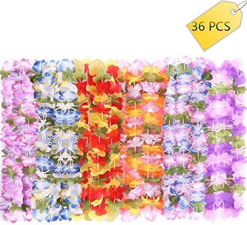 36 Pcs Hawaii Wreaths Leis, Hawaiian Ruffled Simulated Silk Flower Leis Artificial Flowers Necklaces Headband Neck Ring for Luau Party Home Decoration Supplies by Newsheep