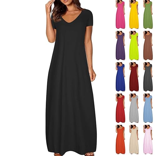 Maxi Dresses for Women UK Short Sleeve Spring Summer Ladies Casual Long Dress Round Neck Plain Sundress Stretchy Loose Fit Plus Size Clothing