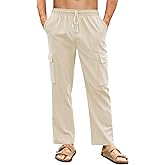 PASLTER Mens Linen Cargo Pants Lightweight Elastic Waist Drawstring Casual Loose Summer Beach Yoga Pants with Pockets