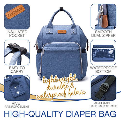 Diaper Bag - Baby Backpack Diaper Bag with Changing Pad and Cooler Pocket - by Pantheon - Baby Diaper Bag for Mom and Dad (Blue)