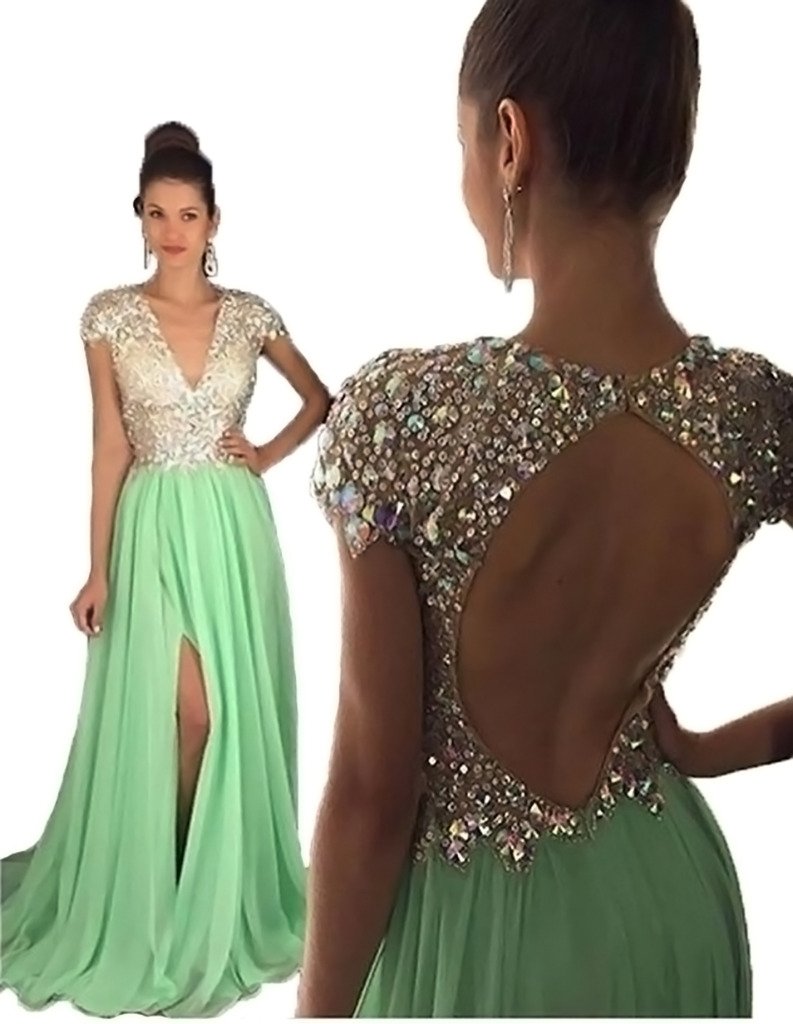 Women's High Split Evening Dress Deep VNeck Open Back Sequined