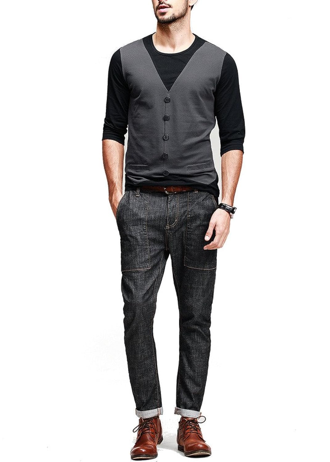 seven rocks men's waist coat style cotton black tshirt