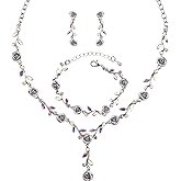 Enrwin 3Pcs Elegant Wedding Bridal Leaf Flower Crystal Necklace Dangle Earring Bracelet Costume Prom Jewelry Set for Women