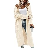 Onedreamer Womens Long Cardigan Cable Knit Open Front Long Sleeve Sweater Coats with Pockets