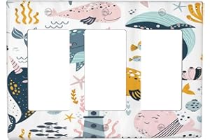 XUEJIAKU Decorative Outlet Covers Colorful Whales Cartoon Fish Sea Animals Underwater 3 Gang Wall Plate Triple Rocker Decora Light Switch Cover Plate Jumbo Electrical Faceplate GFCI Plug for Nursery Decor
