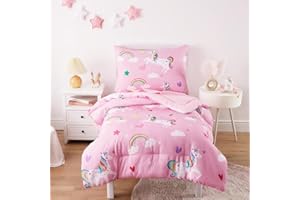Wake In Cloud - Unicorn Toddler Bedding Set for Girls, Cute Colorful Unicorn with Rainbow Clouds, 4 Pieces Soft Crib Bed Set Including Comforter, Sheets and Pillowcase, Pink