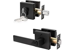 KNOBWELL Heavy Duty Exterior Door Knob with Double Cylinder Deadbolt, Solid Steel Square Entry Door Handle Lever with Deadbolt Set for Front Door or Office, Matte Black Finish,1 Pack