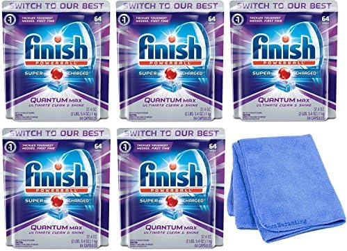 Finish Quantum Max Powerball, 64ct, Dishwasher Detergent Tablets, Ultimate Clean &amp; Shine, 5-Pack with Cleaning Cloth