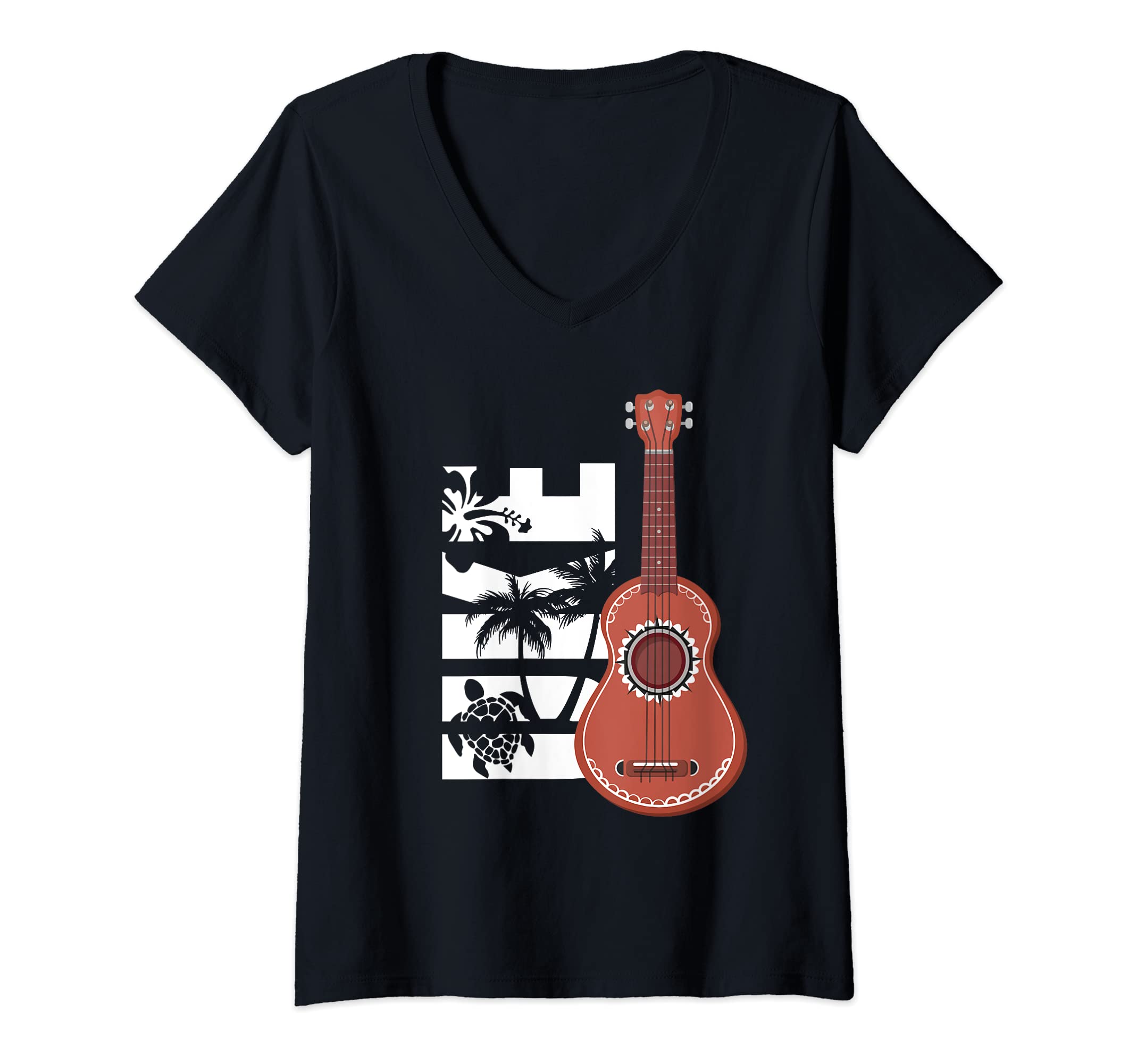 Womens Ukulele Hawaiian Hawaii Acoustic Guitar Aloha Uke Musician V-Neck T-Shirt