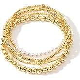 Bohxantium Pearl Gold Beaded Bracelets Stack for Women Dainty Handmade Stackable 14K Gold Plated Ball Beads Bracelet Set Boho Elastic Stretch Prom Birthday Friendship Trendy Jewelry Accessories Gifts