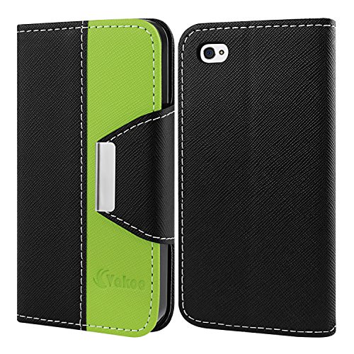 iPhone 4 Case, iPhone 4S Case, Vakoo [Bookstyle] WALLET Series PU Leather TPU Bumper Slim Fit Flip Magnet Card Slot Case Cover for Apple iPhone 4/4S (Black / Lime Green)