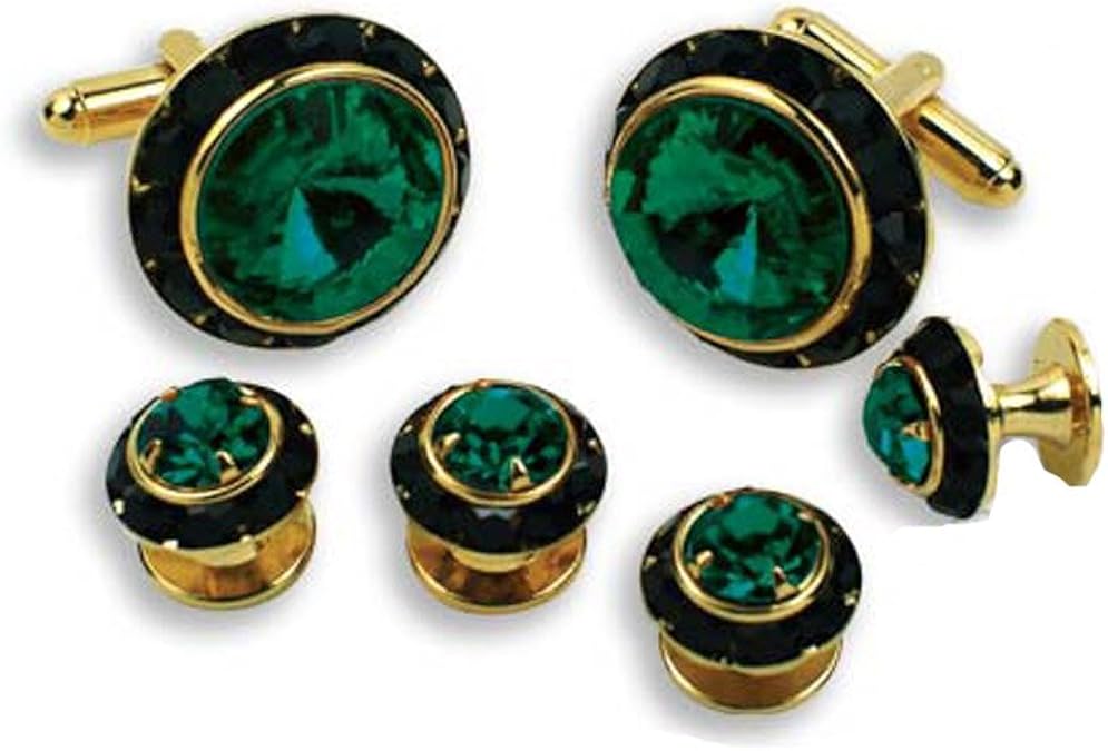 EZ Tuxedo Crystal Cufflinks and Studs with Emerald Center
