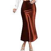 Women's Midi Satin Skirts, High Waisted Zipper Silk Elastic Long Skirt for Women Elegant Trendy