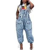 HTD Women's Bib Denim Overalls Loose Wide Leg Jean Jumpsuit With Cargo Pockets