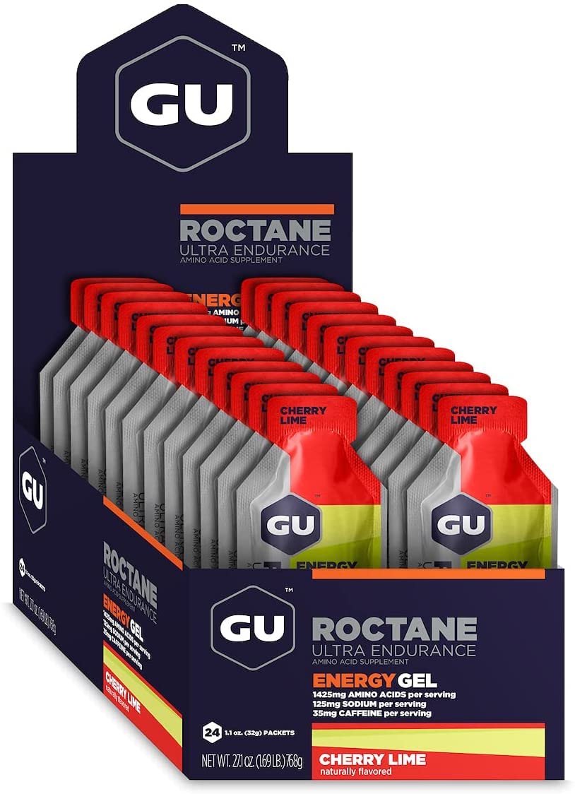 GU Energy Roctane Ultra Endurance Energy Gel, Vegan, Gluten-Free, Kosher, and Dairy-Free On-The-Go Sports Nutrition for Running, Biking, Hiking or Skiing, 24-Count, Cherry Lime
