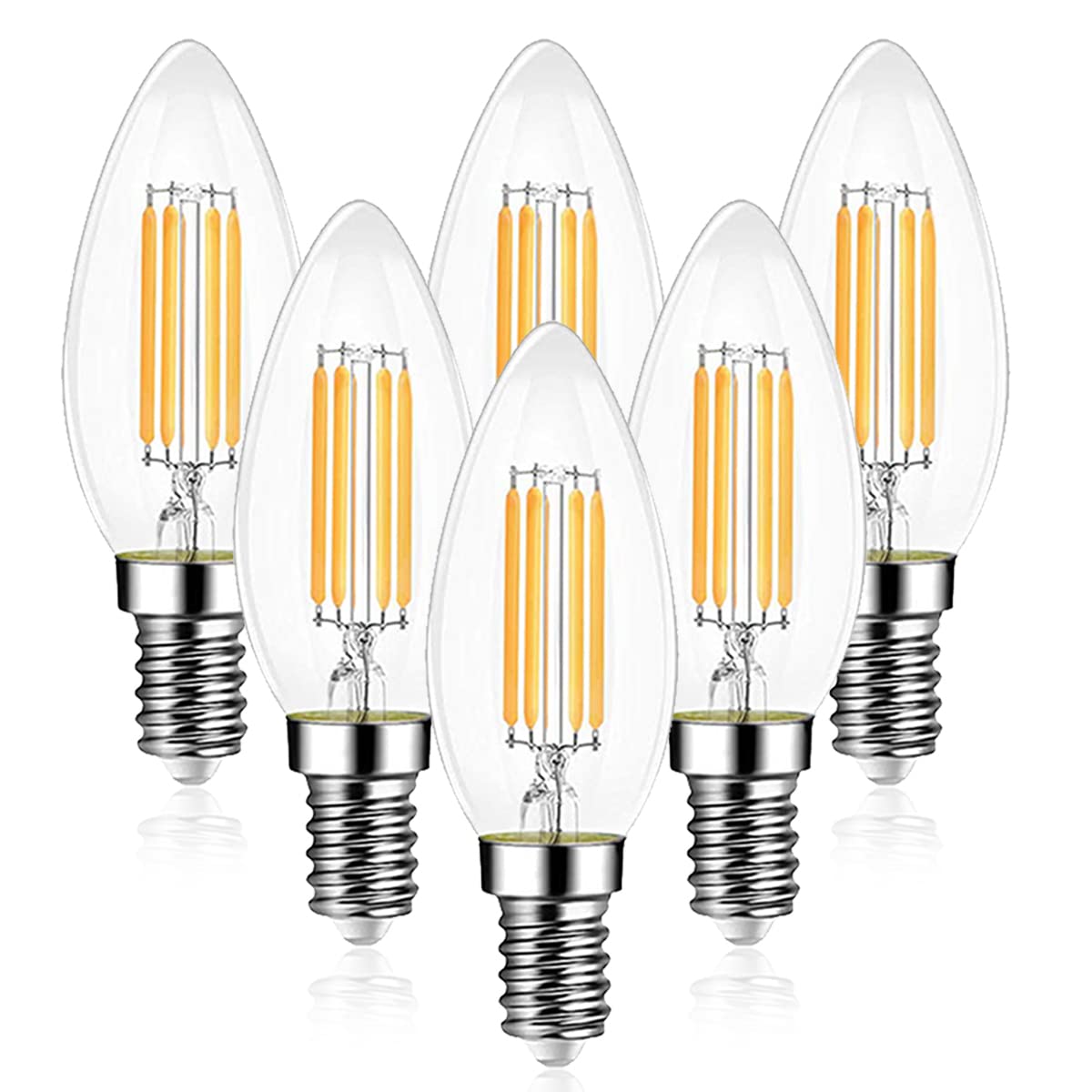 EXTRASTAR E14 LED Filament Candle Bulbs 6W, 750LM 57W Equivalent, C35 SES Small Edison Screw Led Light Bulbs, Cool White 6500K Daylight, Non-dimmable, Pack of 6
