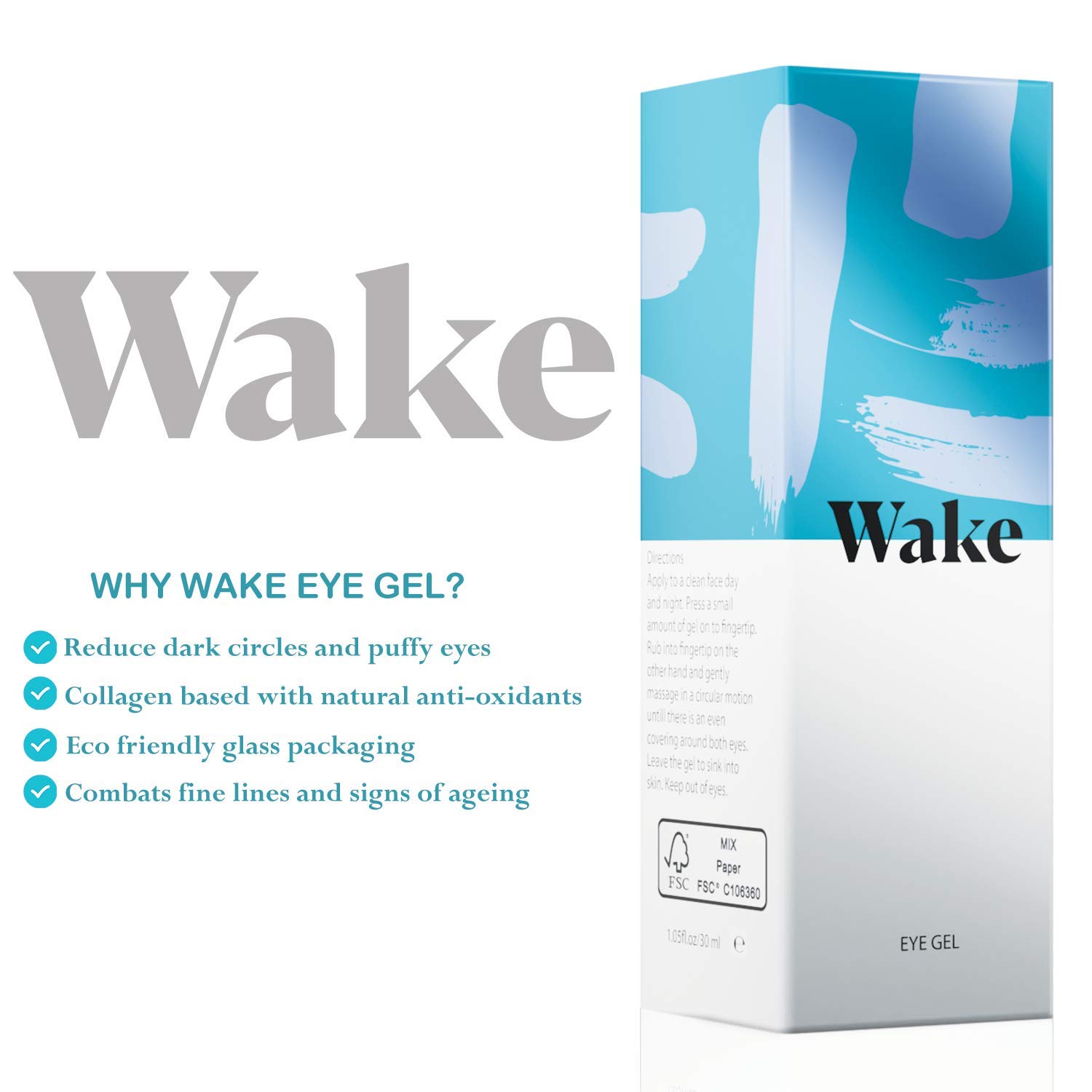 Wake Skincare Eye Gel - Hydrating Eye Serum for Puffy Eyes, Dark Circles, Eye Bags, Crows Feet and Wrinkles – Vitamin E – Collagen - 30ml Anti Ageing Eye Cream: Beauty