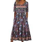 Kubsid Womens Boho Dress Summer Casual 2026 Short Sleeve Loose Fit Floral Maxi Dress Flowy Beach Vintage Sundress Purple Floral XL