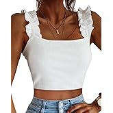 CLOZOZ Cute Crop Tops for Women Tank Tops Ribbed Ruffle Strap Square Neck Womens Trendy Going Out Preppy Tops Angel White