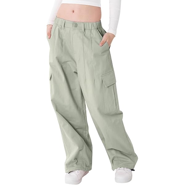 Girls Parachute Pants Kids Wide Leg Cargo Pants Y2K Street Trousers Light Gray 10 11 Years