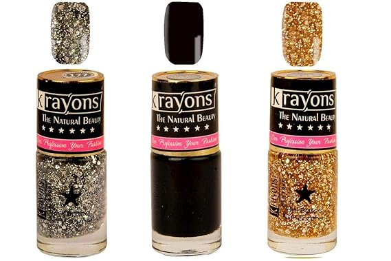 Krayons Gel Base Glossy Effect Nail Polish Enamel Color Combo of 3 Trendy Shades, 24ML Safe Dry Fast Collection For Women, Teens, Kids (BLACK SEA,SHIMMER SILVER,SHIMMER GOLDEN)(Pack Of 3)