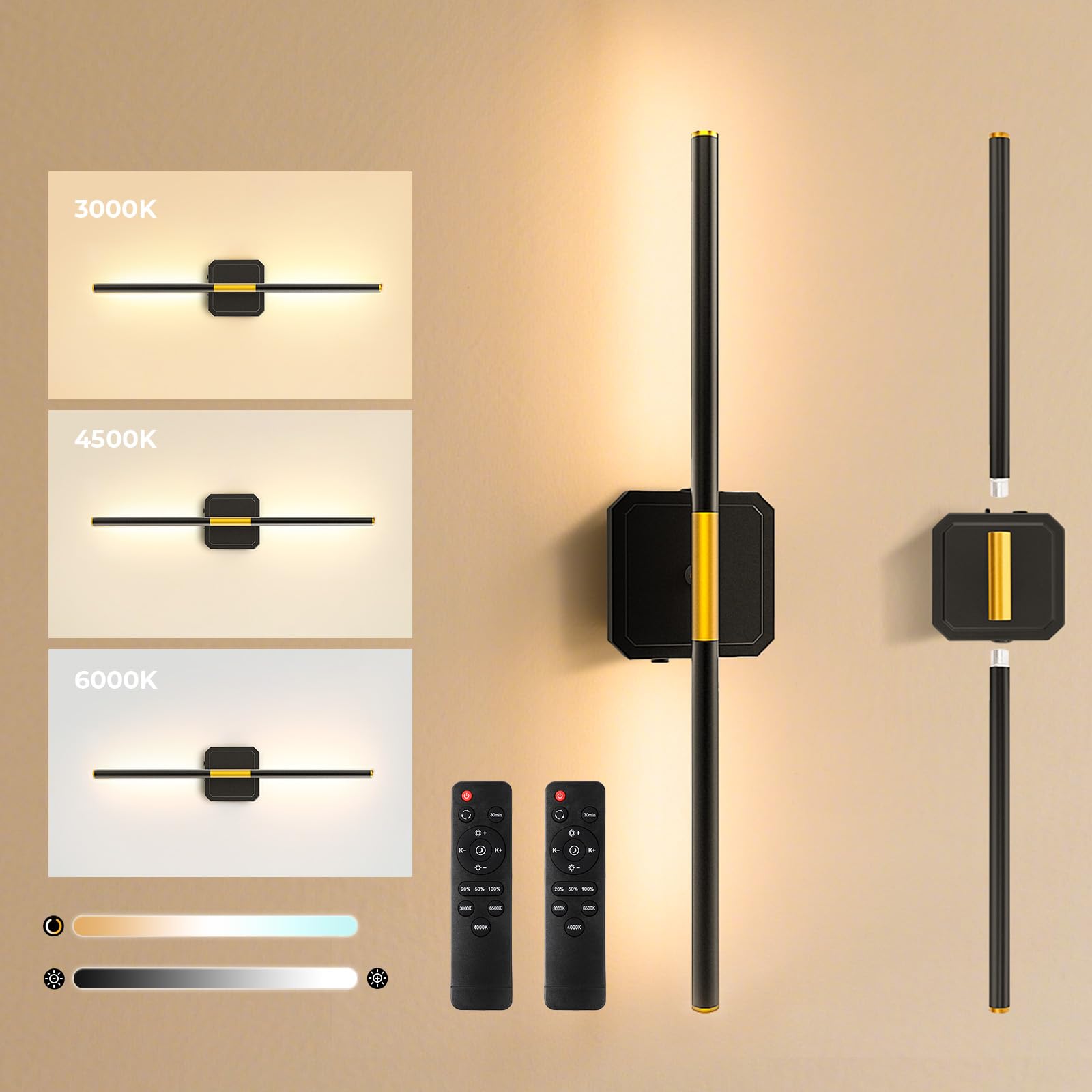 Photo 1 of ****SIMILAR ITEM****
GvvooHome Battery Operated Wall Sconces Set of 2, Detachable 360°Rotate Wall Lamps, 3000-6500K Dimmable with Remote Control, 10000mAh Rechargeable Wall Lights for Bedroom, Living Room, 28" Black Gold