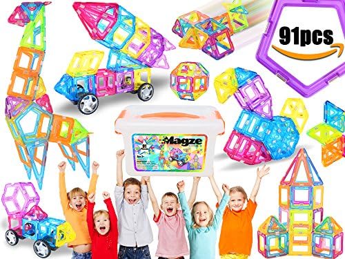 Magze Magnetic Building Blocks Set: 91-Piece Colorful Stacking Blocks| Lightweight Magnetic Building Tiles| Preschool Educational/Fun Learning Toys Kit| Great Gifting Idea To Toddlers &amp; Kids