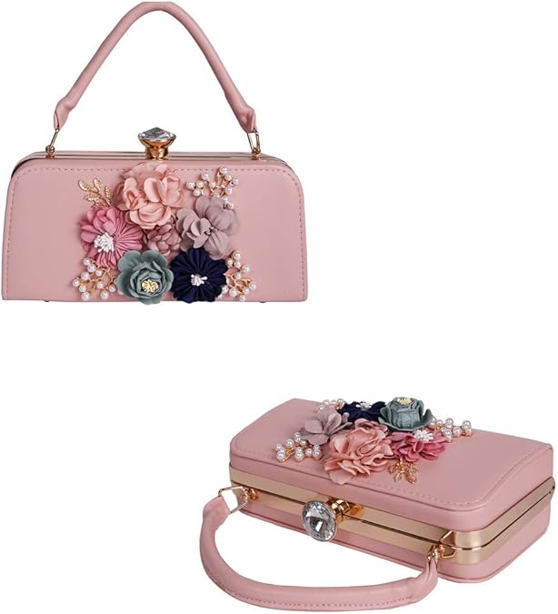 Satin Flower Evening Clutches for Women Pearl Beaded Handbag fo Prom