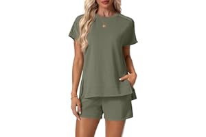 Lepunuo 2 Piece Short Sets for Women Summer Outfits Short Sleeve Tops Elastic Waist Shorts Lounge Set Vacation Travel Outfits