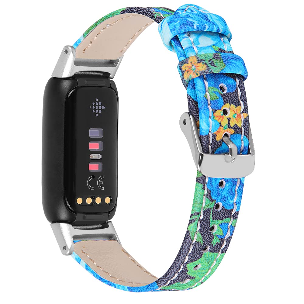Chofit Straps Compatible with Fitbit Luxe Strap, Floral Leather Band Printing Wristband Bracelet Adjustable Replacement Stylish Wristbands for Luxe Activity Tracker (J)