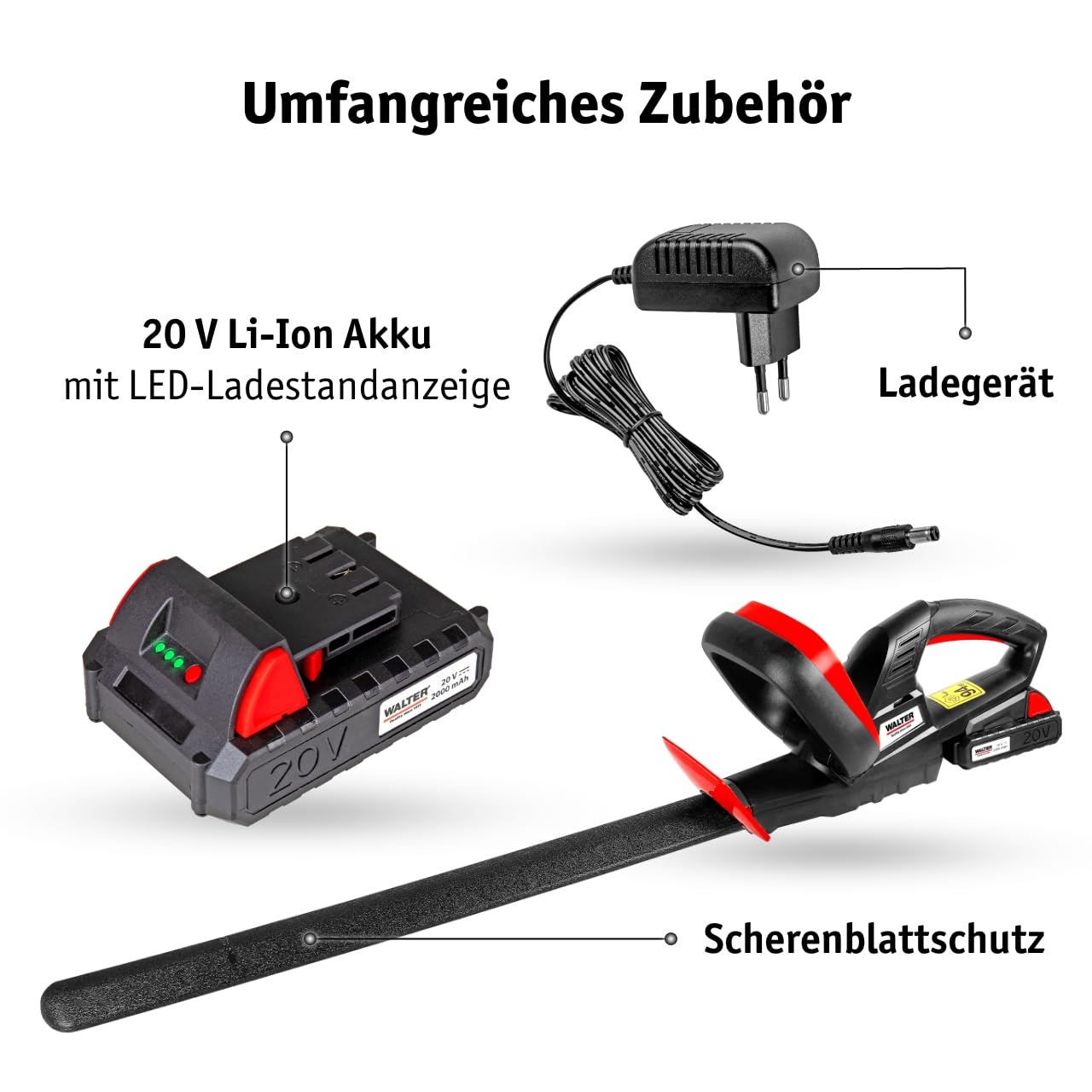 WALTER Li-Ion Akku-Heckenschere 20V, 45cm Schnittlänge, inkl. Zusatzhandgriff für Komfortables Arbeiten, schneidet präzise und ordentlich, scharfes Metall Messer, für längere Gartenarbeit geeignet 5
