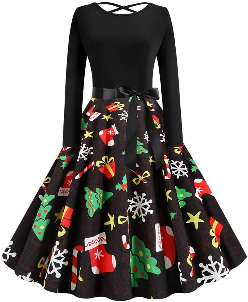 AOGOTO Women Christmas Dresses Long Sleeve V Neck Vintage Santa A Line Party Evening Dress