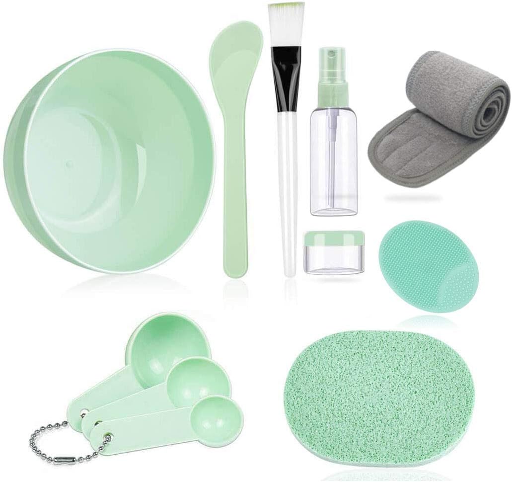 Face Mask Mixing Bowl Set,with Big Volume Facial Mask Bowl Spa Headband Manual wash brush Stick Spatula Silicone Brush Spray Bottle Puff Soaking Bottle Gauge DIY Facemask Mixing Tool Kit (green)
