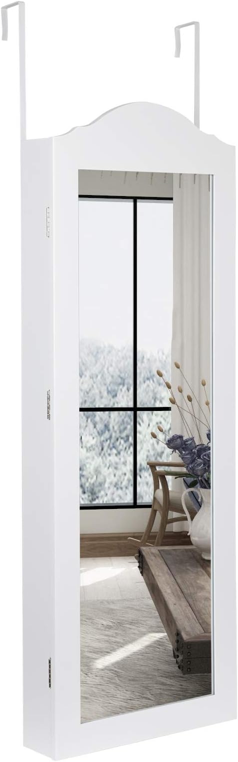 Amoiu Mirrored Jewelry Cabinet Jewelry Armoire Door Hanging Cabinet with 15 LED Lights