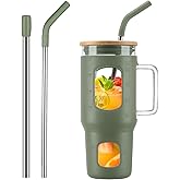 WINSA Glass Tumbler with Lid, 32 oz Glass Cup with Handle, Glass Water Bottles with Time Marker, 2 Straws - Pearl Straw & Silicone Protective Sleeve - Olive