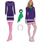 KDAFJLKD Halloween Costume Women Long Sleeve Adult Purple Dress with Scarf Headband Socks