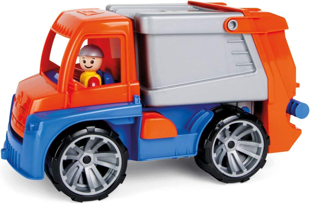 Lena 04416 - TRUXX refuse truck, refuse truck appr. 29 cm, rubbish truck with function, 1 refuse bin play figure, for children from 2 years, play vehicle set in orange, blue