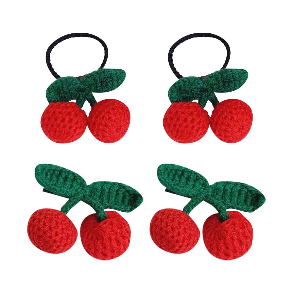 4 Pcs Sweet Cherry Hair Clips and Hair Ties Handmade Crochet Fruit Hairpins Hair Barrettes Cute Christmas Hair Accessories for Women Girls