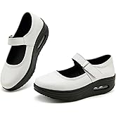 EnllerviiD Women Mary Jane Shoes Buckle Air-Cushion Casual Chunky Heel Round Toe Uniform Dress Platform Wedge Shoes Comfort Pumps Walking Shoes
