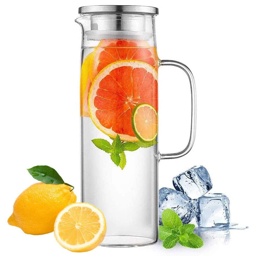 HwaGui Water Jug with Lid, 1 Liter Glass Carafe, Iced Tea Pitcher for Homemade Beverages, Heat Resistant Borosilicate Glass Jug