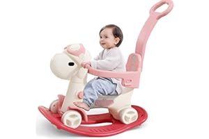 LLPARTY 4 in 1 Rocking Horse for Toddlers 1-3 Years Old, Baby Rocking Toy Fun Birthday Gift for 1+ Kids, Ride on Toy with Guard Rails, Detachable Balance Board and Footrest with Push Handle (Pink)