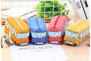 KEYLLCONG Student Pencil Pouch Cute Cartoon City Bus Pencil Pouch Simple Canvas Zipper Pencil Bags Pen Case kawaii Pen Pencil Box Bag Holder for School Students Back to School Gift (Yellow)