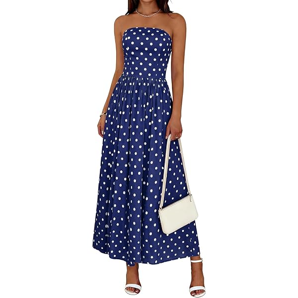 NUFIWI Women Strapless Polka Dot Dress Drop Waist Tube Long Dress  Sleeveless Off Shoulder Elegant Dresses Summer(Dots White,S) at Amazon  Women's Clothing store