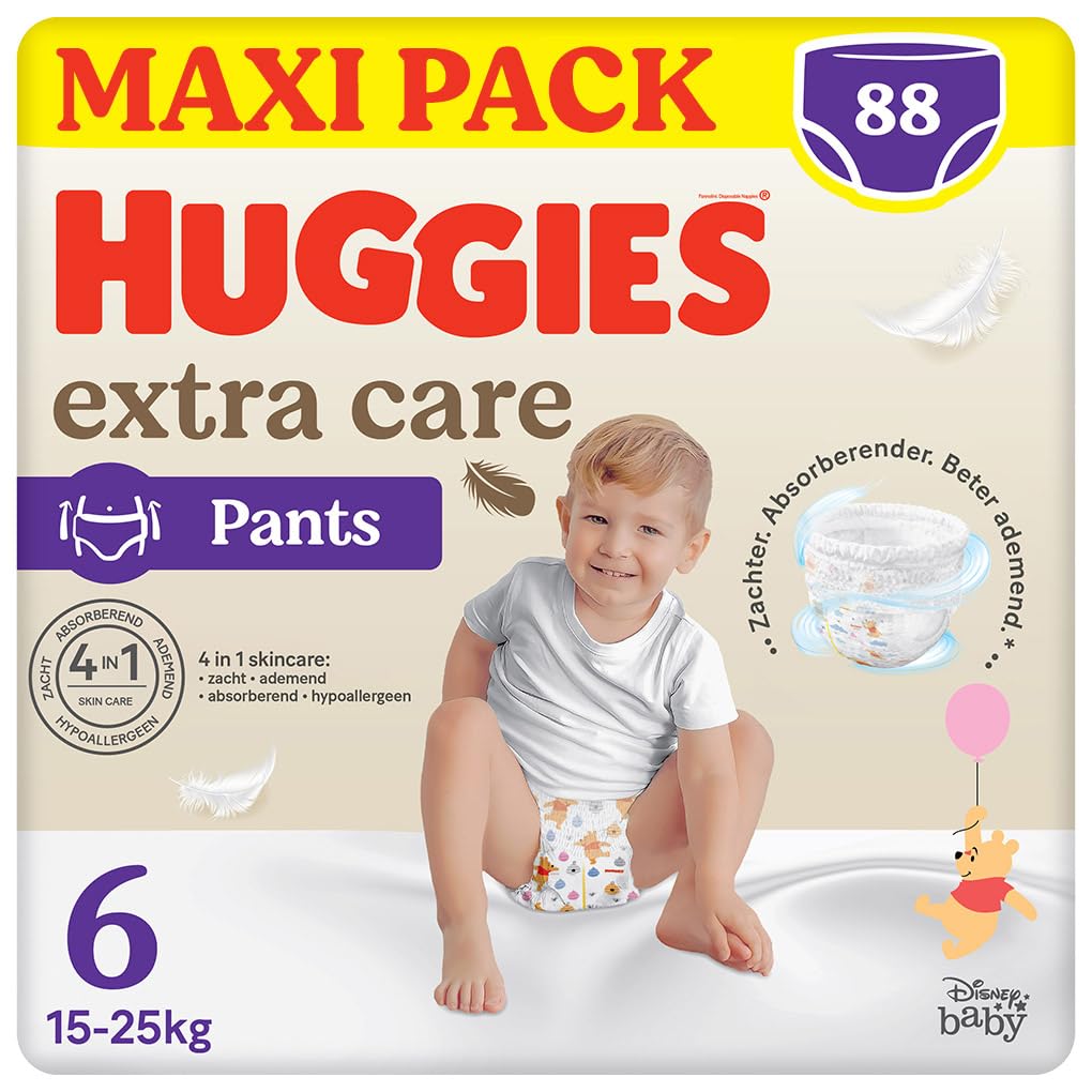 Huggies Extra Care Nappy Panties Size 6 (16-30Kg), 4 Packs of 22 Nappies - 4520 Gr- (Packaging May Vary)