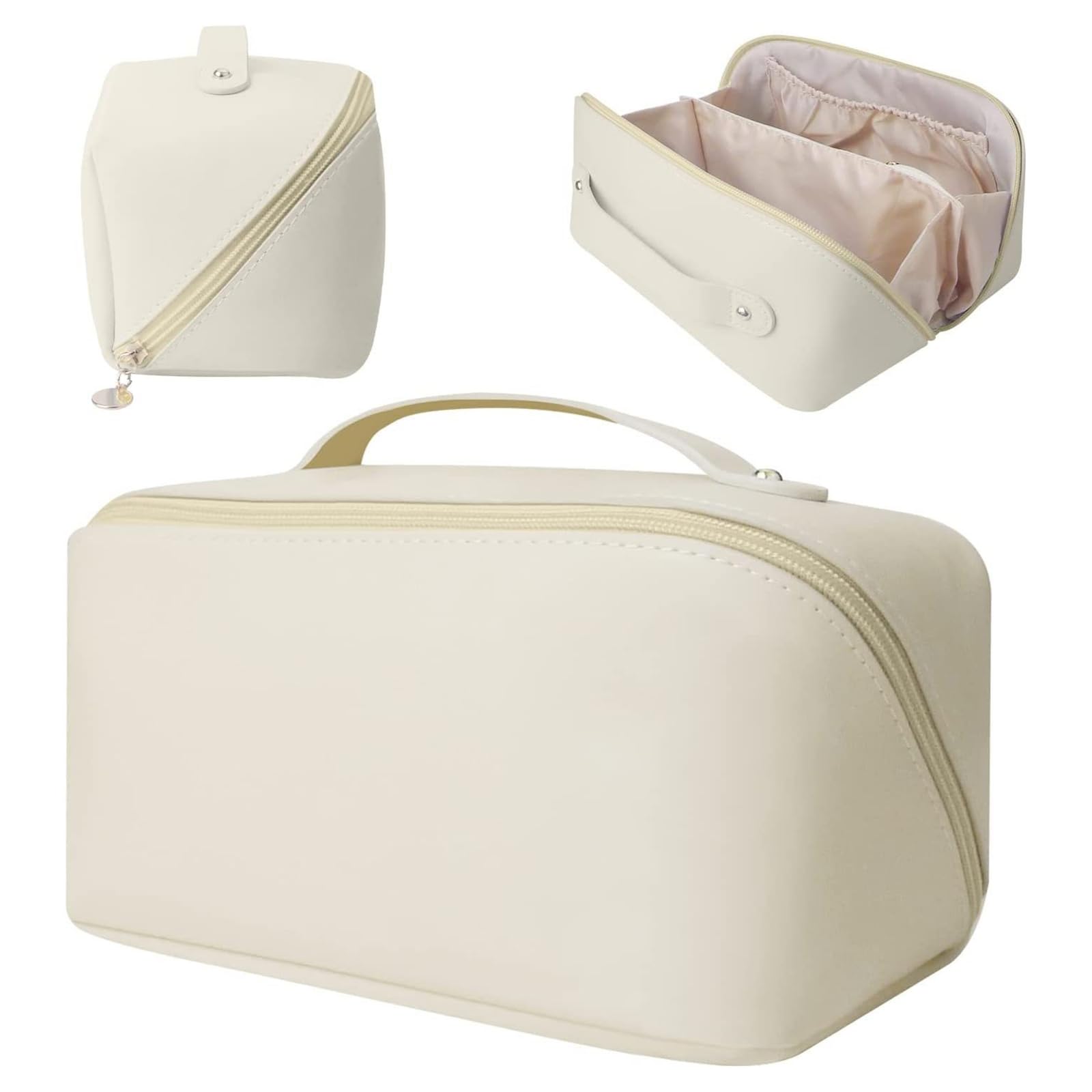 Large Travel Cosmetic Bag Cosmetic Organizer High Capacity Makeup Bag Storage Pouch PU Leather Makeup Box for Women Girls (Beige) 1