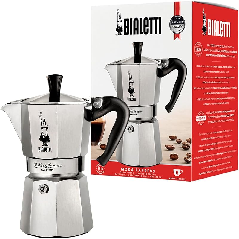 Bialetti Moka Express 9 Cup Aluminium Stovetop Coffee Maker 420ml Silver
