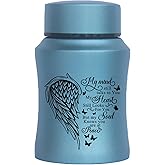 4.5 Inches Small Urn for Human Ashes Stainless Steel Mini Cremation Urn Small Keepsake Urn Heart Wing Pattern Memorial Ashes Container-Blue