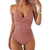 B2prity Women's One Piece Swimsuits Tummy Control Front Cross Bathing Suits Tie Back Slimming V Neck Swimwear