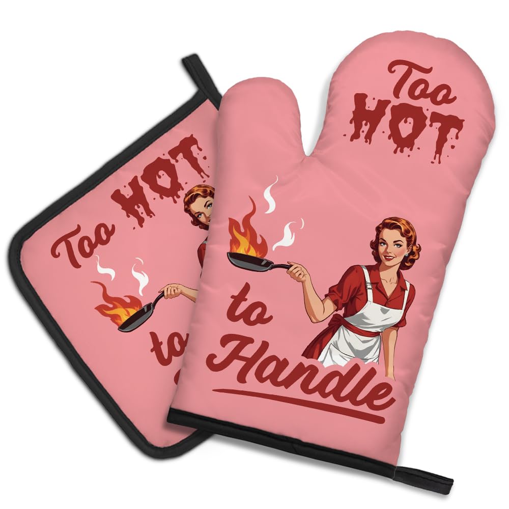 Photo 1 of DYJYBMY Too Hot to Handle Funny Vintage Lady Oven Mitts and Pot Holder Set, Sarcastic Kitchen Gadgets for Women Lover, Housewarming Gifts for Chef Baking Lover, Hostess Gifts for Mom Wife Sister BFF